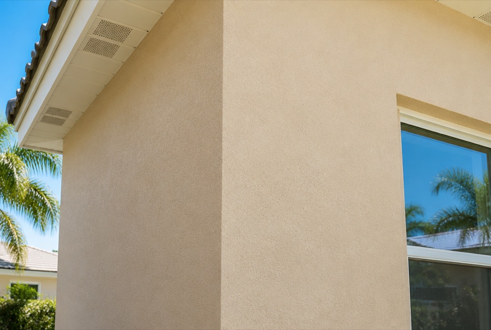 Finished stucco repair and fresh finish on a Miami home exterior