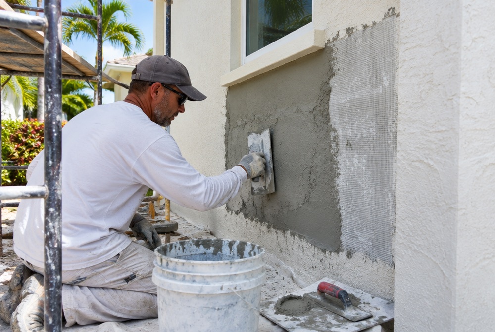 Stucco repair in progress on a Miami home wall